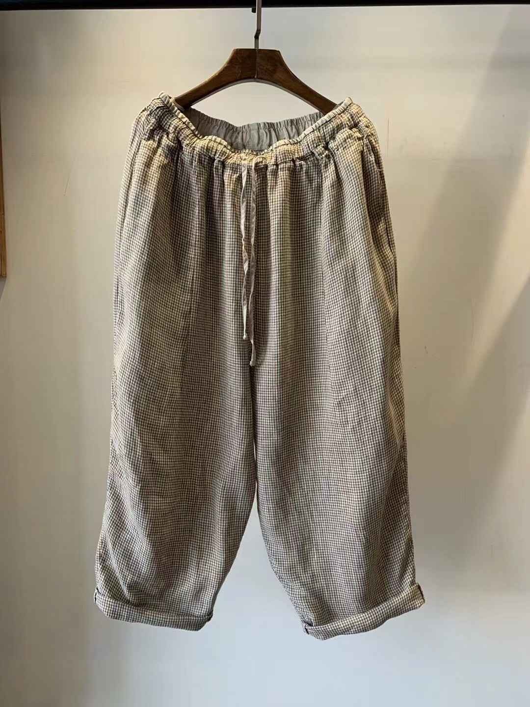 D10001 Japanese Retro Artistic Linen Plaid Harem Pants for Women Summer Loose Versatile Slimming Waist Tie Nine-point Pants