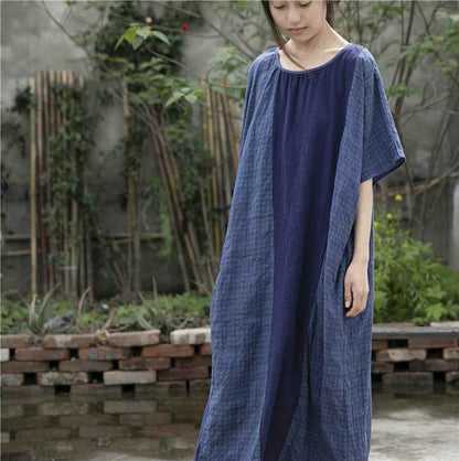 A0001 Early Summer New Cotton Linen Color Block Dress Irregular Plaid Patchwork Long Dress