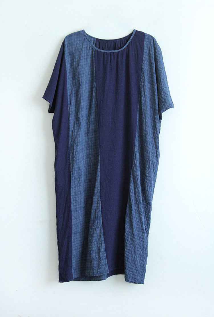 A0001 Early Summer New Cotton Linen Color Block Dress Irregular Plaid Patchwork Long Dress