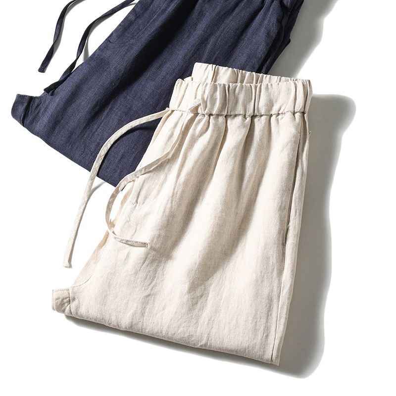 D20001 Breathable and Comfortable 100% Linen Summer Men's Loose Soft Straight-Leg Nine-Point Casual Linen Pants Men's Clothing