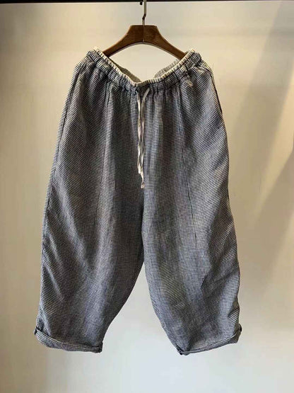 D10001 Japanese Retro Artistic Linen Plaid Harem Pants for Women Summer Loose Versatile Slimming Waist Tie Nine-point Pants