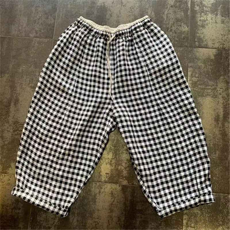 D10001 Japanese Retro Artistic Linen Plaid Harem Pants for Women Summer Loose Versatile Slimming Waist Tie Nine-point Pants