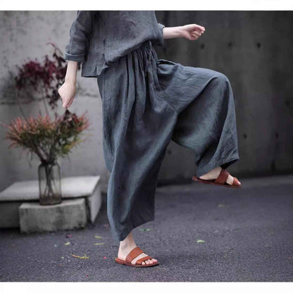 D10003 Summer Gray 95%+ Linen High-Density Woven Elastic Waist Drawstring Loose Carrot Wide-Leg Pants