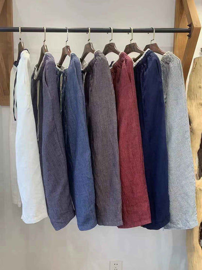 D10001 Japanese Retro Artistic Linen Plaid Harem Pants for Women Summer Loose Versatile Slimming Waist Tie Nine-point Pants