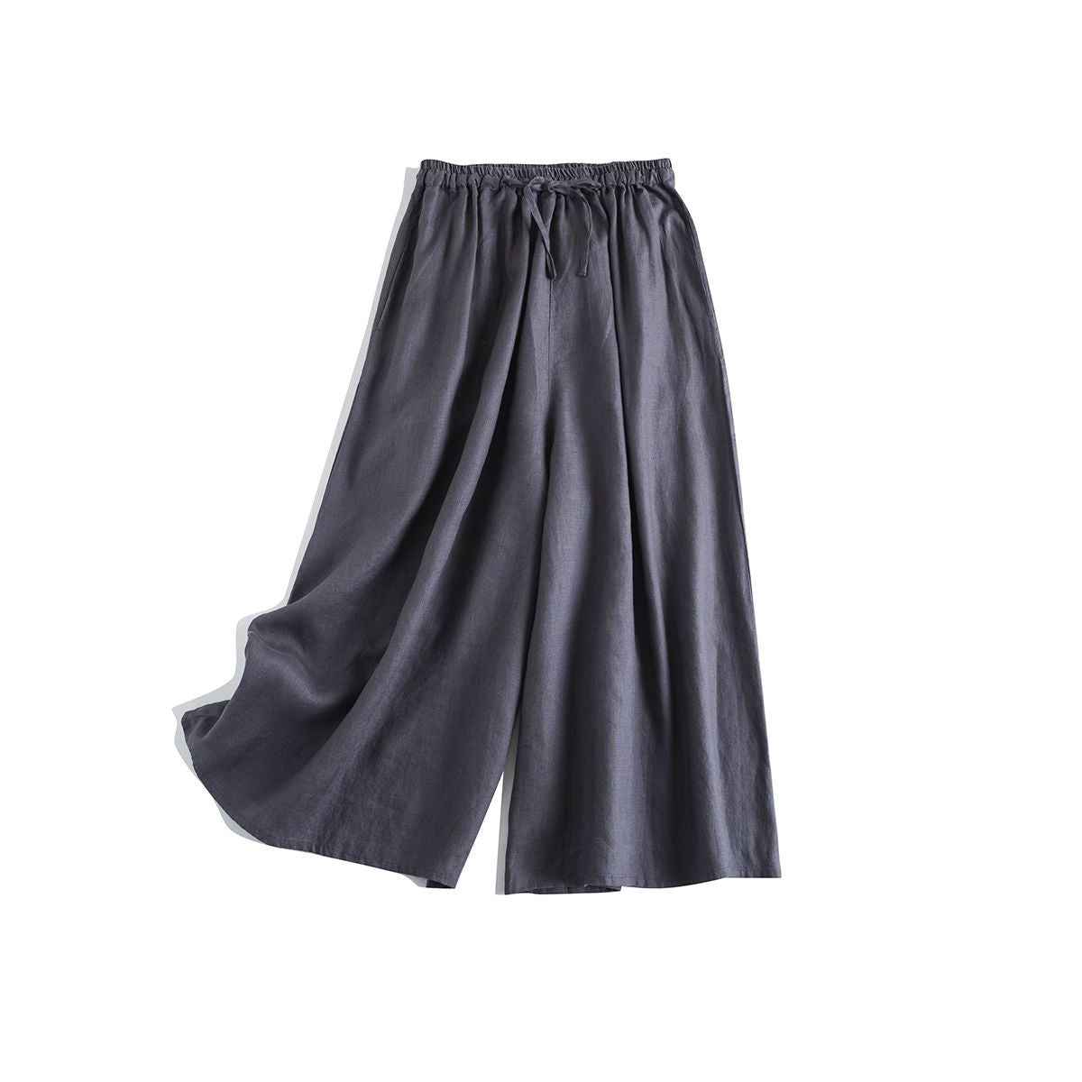 D10002 Japanese Style Commuting Simple Custom Pure Linen Artistic Loose Elastic Waist Drawstring Casual Comfortable Wide-Leg Nine-Point Skirt Pants