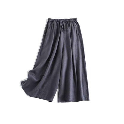 D10002 Japanese Style Commuting Simple Custom Pure Linen Artistic Loose Elastic Waist Drawstring Casual Comfortable Wide-Leg Nine-Point Skirt Pants