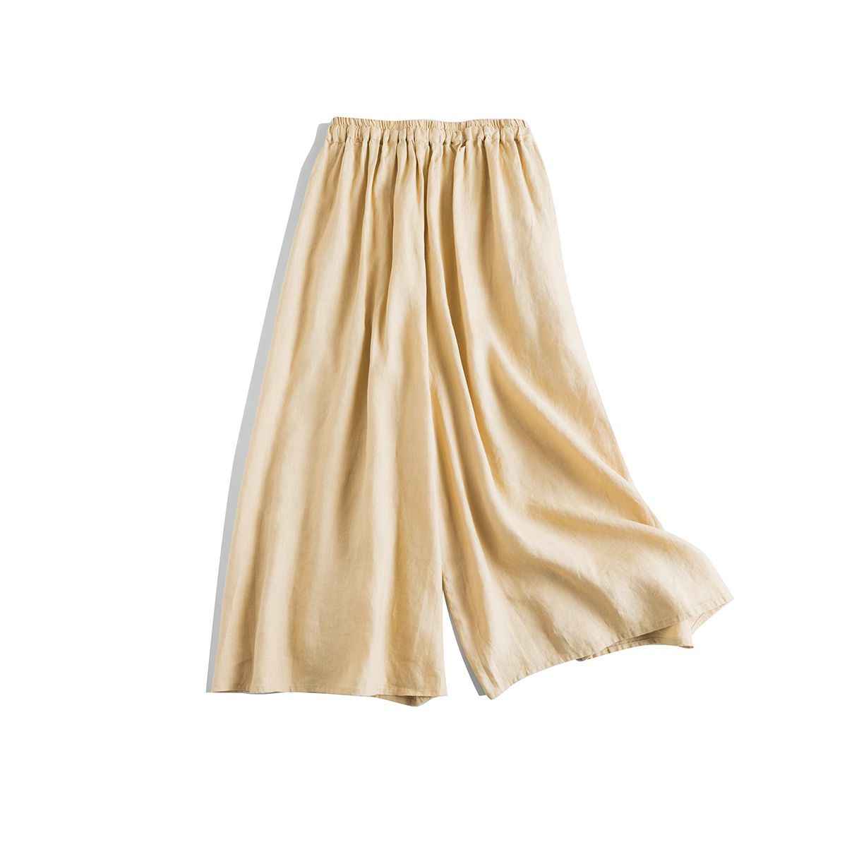 D10002 Japanese Style Commuting Simple Custom Pure Linen Artistic Loose Elastic Waist Drawstring Casual Comfortable Wide-Leg Nine-Point Skirt Pants