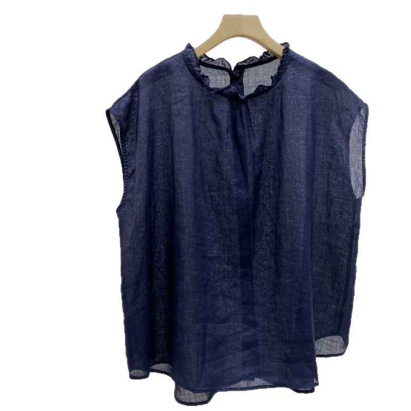 B10003 Vintage Artistic Ruffled Collar Ramie 95%+ Linen Blouse for Women Summer New Style Back Single Button Reversible Flutter Sleeve Blouse for Women