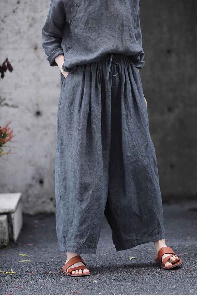 D10003 Summer Gray 95%+ Linen High-Density Woven Elastic Waist Drawstring Loose Carrot Wide-Leg Pants