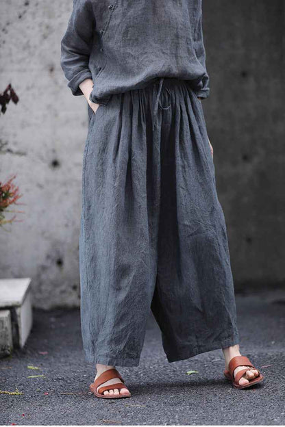 D10003 Summer Gray 95%+ Linen High-Density Woven Elastic Waist Drawstring Loose Carrot Wide-Leg Pants