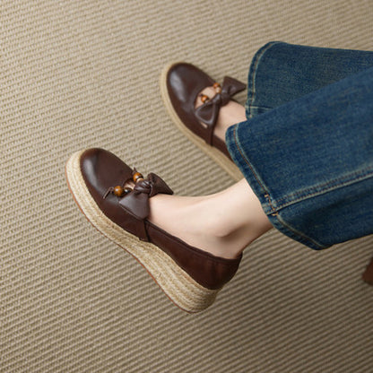 F10005 Women's Sweet Bow Beaded Fashion New Round Toe Thick Sole Mid Heel Mary Jane Braided Sole Shallow Mouth Single Shoes - Ivana Supply Store