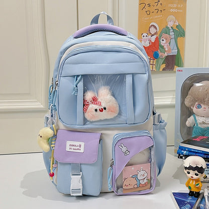 E10006 Campus Backpack for Girls, Cute Japanese Style Transparent Badge Pain Bag, Large Capacity Double Shoulder Backpack for Middle School and High School Students - Ivana Supply Store