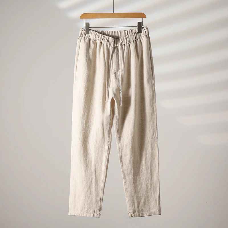 D20001 Breathable and Comfortable 100% Linen Summer Men's Loose Soft Straight-Leg Nine-Point Casual Linen Pants Men's Clothing