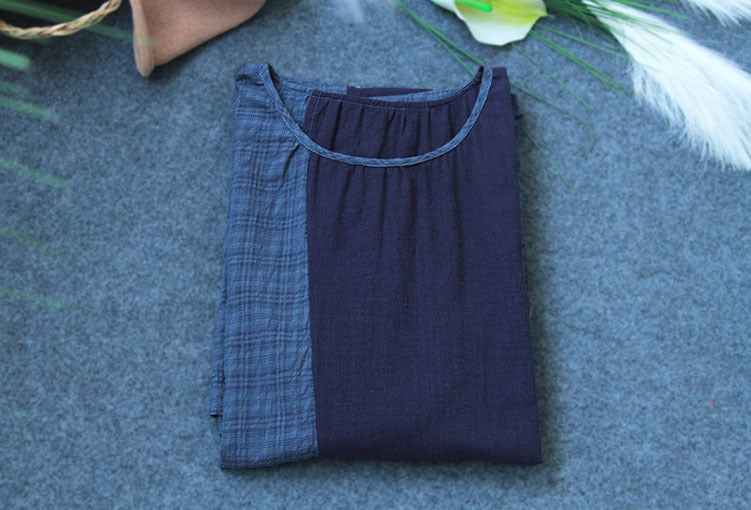 A0001 Early Summer New Cotton Linen Color Block Dress Irregular Plaid Patchwork Long Dress