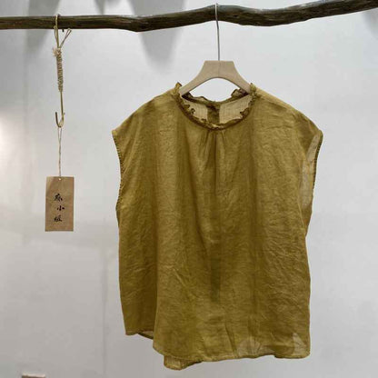 B10003 Vintage Artistic Ruffled Collar Ramie 95%+ Linen Blouse for Women Summer New Style Back Single Button Reversible Flutter Sleeve Blouse for Women