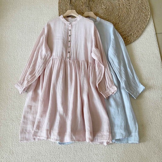 A0005 Ramie Linen Artistic Ramie Three-Quarter Sleeve Lazy Style Layered Shirt Dress Casual Dress