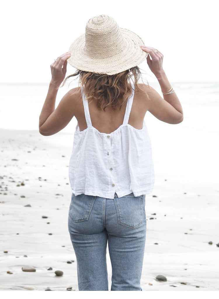 B10002 European and American Style Reversible Camisole Summer French Old Money Style Niche Design Pure Linen 95%+ Linen Backless Short Top for Women