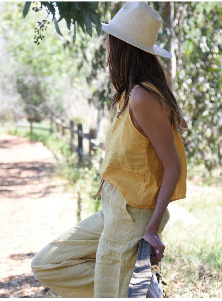 B10002 European and American Style Reversible Camisole Summer French Old Money Style Niche Design Pure Linen 95%+ Linen Backless Short Top for Women