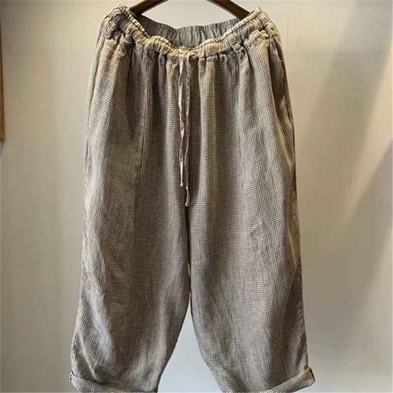 D10001 Japanese Retro Artistic Linen Plaid Harem Pants for Women Summer Loose Versatile Slimming Waist Tie Nine-point Pants