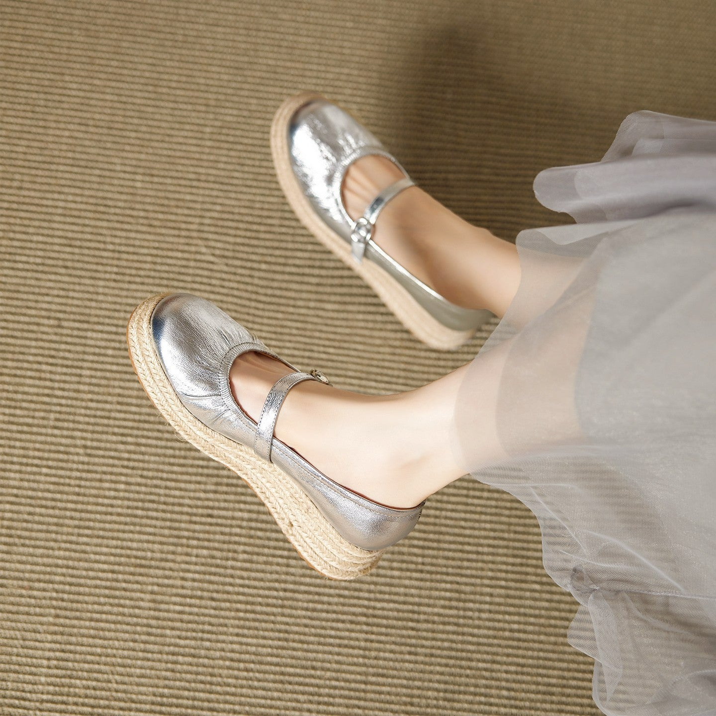 F100012 Niche Light Luxury Round Toe High Heel Wedge Single Shoes for Women Summer New Style Straw Thick Sole Shallow Mary Jane Shoes - Ivana Supply Store