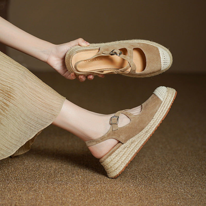 F10003 New Sheepskin Retro Straw Wedge Closed-Toe Sandals Thick-Soled Height-Increasing Fisherman Shoes for Women to Match Dresses - Ivana Supply Store