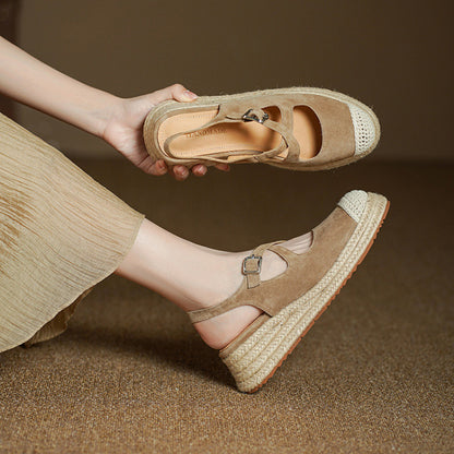 F10003 New Sheepskin Retro Straw Wedge Closed-Toe Sandals Thick-Soled Height-Increasing Fisherman Shoes for Women to Match Dresses - Ivana Supply Store