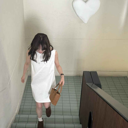 A0002 Simple Basic 95%+ Cotton Split Off-Shoulder Sleeveless Tank Dress Solid Color Dress