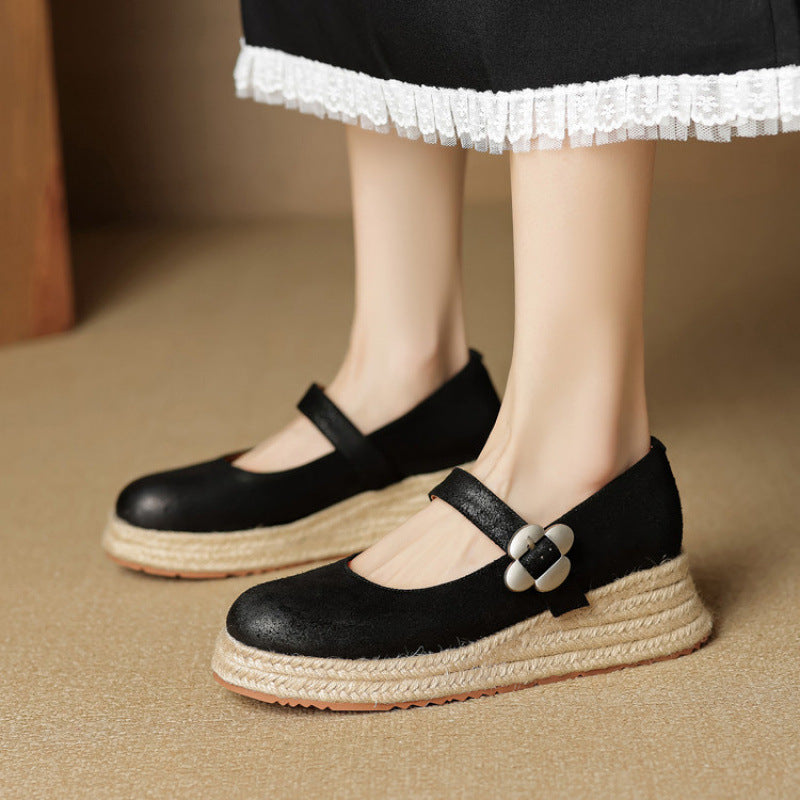 F10002 5cm High Heel Thick Sole Straw Woven Single Shoes for Women, Shallow Mouth One-Strap Platform Mary Jane Shoes, Versatile Wine Red Leather Shoes - Ivana Supply Store