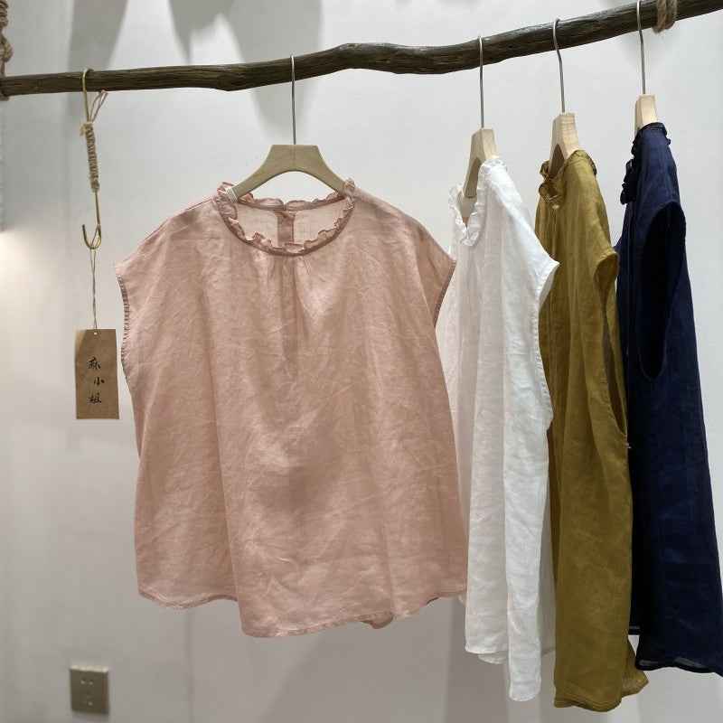 B10003 Vintage Artistic Ruffled Collar Ramie 95%+ Linen Blouse for Women Summer New Style Back Single Button Reversible Flutter Sleeve Blouse for Women
