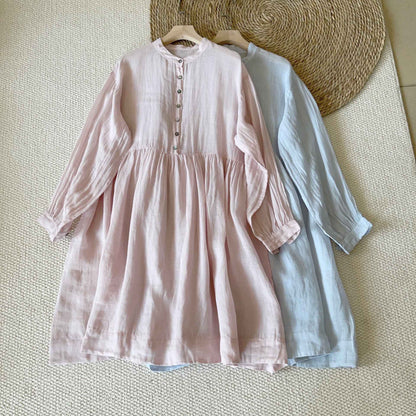 A0005 Ramie Linen Artistic Ramie Three-Quarter Sleeve Lazy Style Layered Shirt Dress Casual Dress
