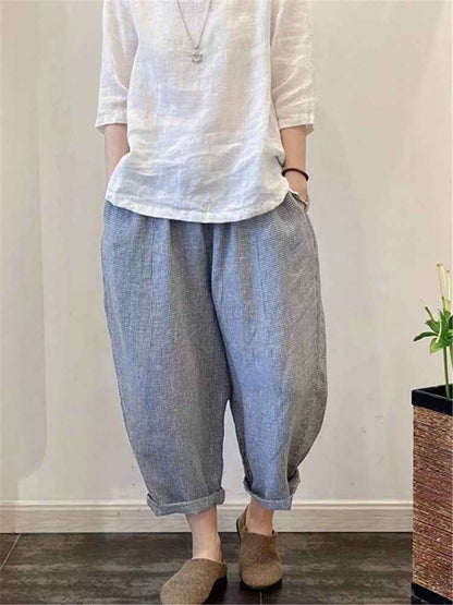 D10001 Japanese Retro Artistic Linen Plaid Harem Pants for Women Summer Loose Versatile Slimming Waist Tie Nine-point Pants