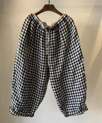 D10001 Japanese Retro Artistic Linen Plaid Harem Pants for Women Summer Loose Versatile Slimming Waist Tie Nine-point Pants