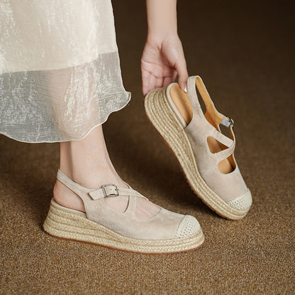F10003 New Sheepskin Retro Straw Wedge Closed-Toe Sandals Thick-Soled Height-Increasing Fisherman Shoes for Women to Match Dresses - Ivana Supply Store