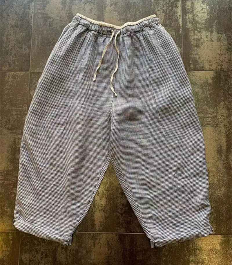 D10001 Japanese Retro Artistic Linen Plaid Harem Pants for Women Summer Loose Versatile Slimming Waist Tie Nine-point Pants