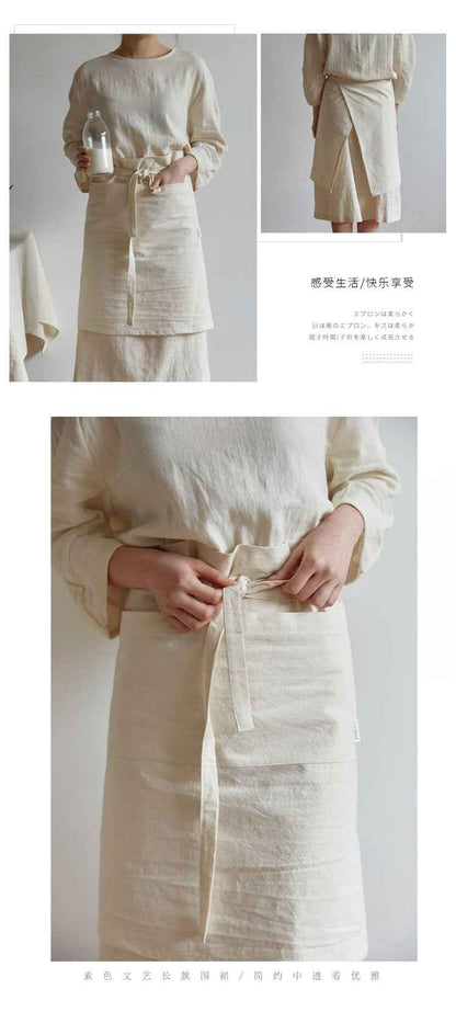 H20001 Short Apron Half-length Cotton Linen Home Kitchen Waterproof Oil-proof Coffee Shop Bakery Flower Shop Half-waist Half-length Workwear