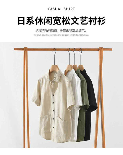 B20002 Summer Japanese Style Ramie Short Sleeve Shirt Men's Fashion Versatile 70% Ramie Linen Artistic Casual Loose Top