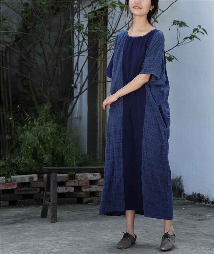 A0001 Early Summer New Cotton Linen Color Block Dress Irregular Plaid Patchwork Long Dress