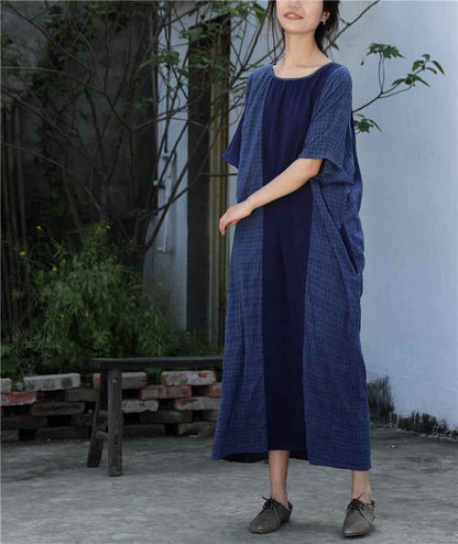 A0001 Early Summer New Cotton Linen Color Block Dress Irregular Plaid Patchwork Long Dress