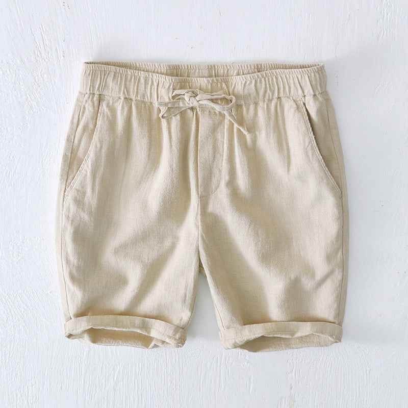 D20002 Japanese Style Elastic Drawstring Ramie Casual 70%+ Ramie Linen Shorts Men's Summer Beach Versatile Loose Cotton Linen Five-Point Shorts 8227