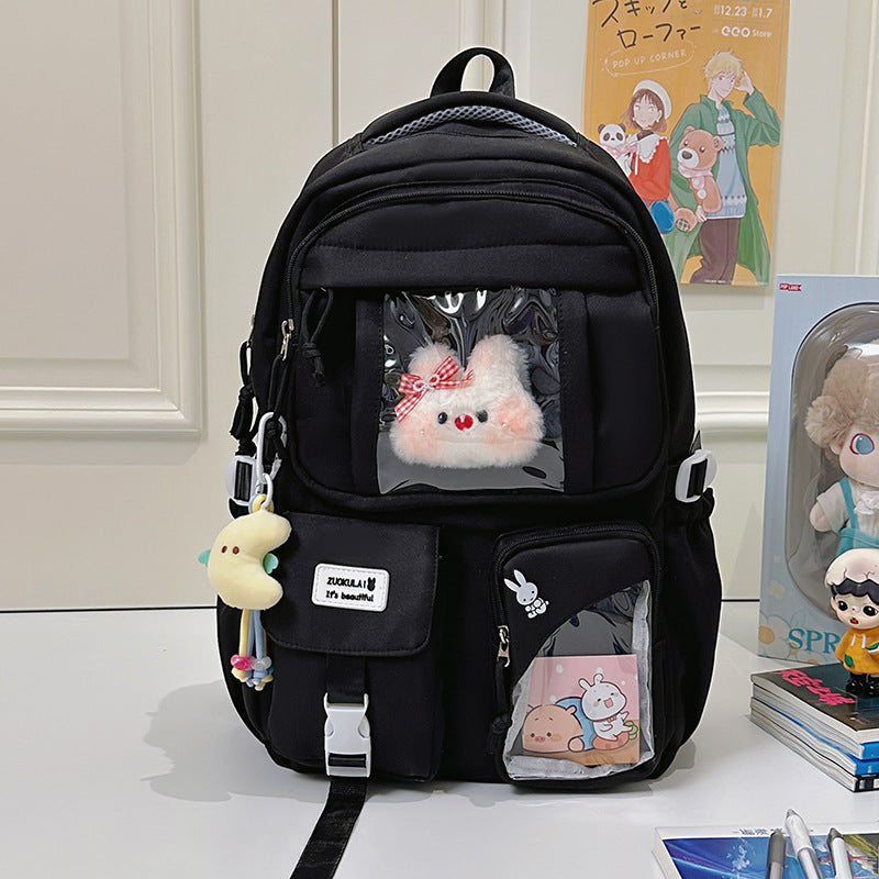 E10006 Campus Backpack for Girls, Cute Japanese Style Transparent Badge Pain Bag, Large Capacity Double Shoulder Backpack for Middle School and High School Students - Ivana Supply Store