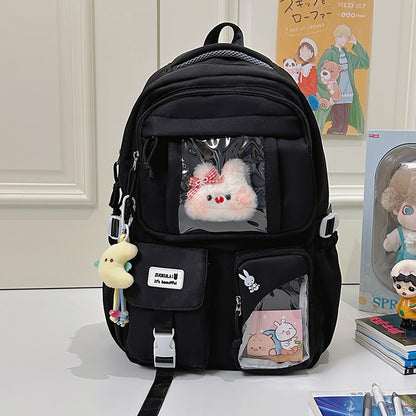 E10006 Campus Backpack for Girls, Cute Japanese Style Transparent Badge Pain Bag, Large Capacity Double Shoulder Backpack for Middle School and High School Students - Ivana Supply Store