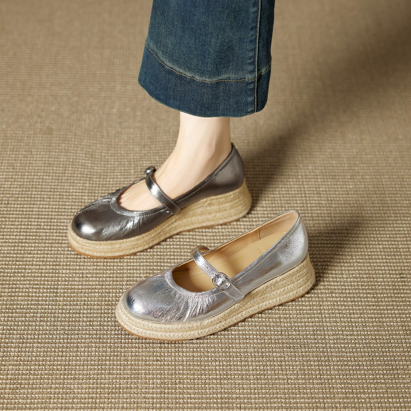 F100012 Niche Light Luxury Round Toe High Heel Wedge Single Shoes for Women Summer New Style Straw Thick Sole Shallow Mary Jane Shoes - Ivana Supply Store