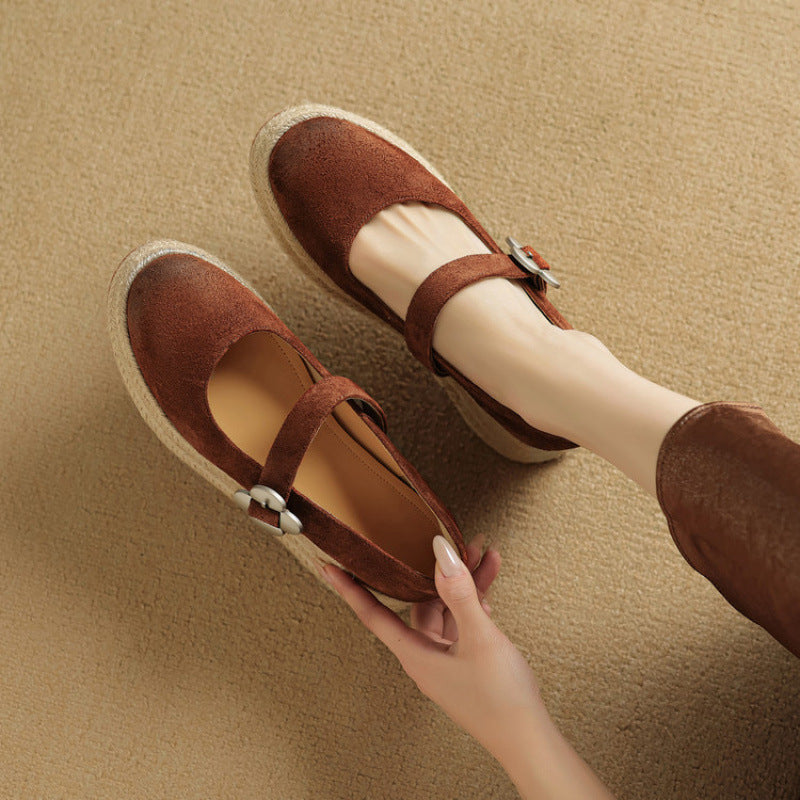 F10002 5cm High Heel Thick Sole Straw Woven Single Shoes for Women, Shallow Mouth One-Strap Platform Mary Jane Shoes, Versatile Wine Red Leather Shoes - Ivana Supply Store