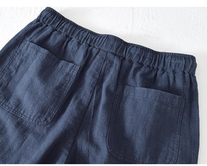 D20002 Japanese Style Elastic Drawstring Ramie Casual 70%+ Ramie Linen Shorts Men's Summer Beach Versatile Loose Cotton Linen Five-Point Shorts 8227