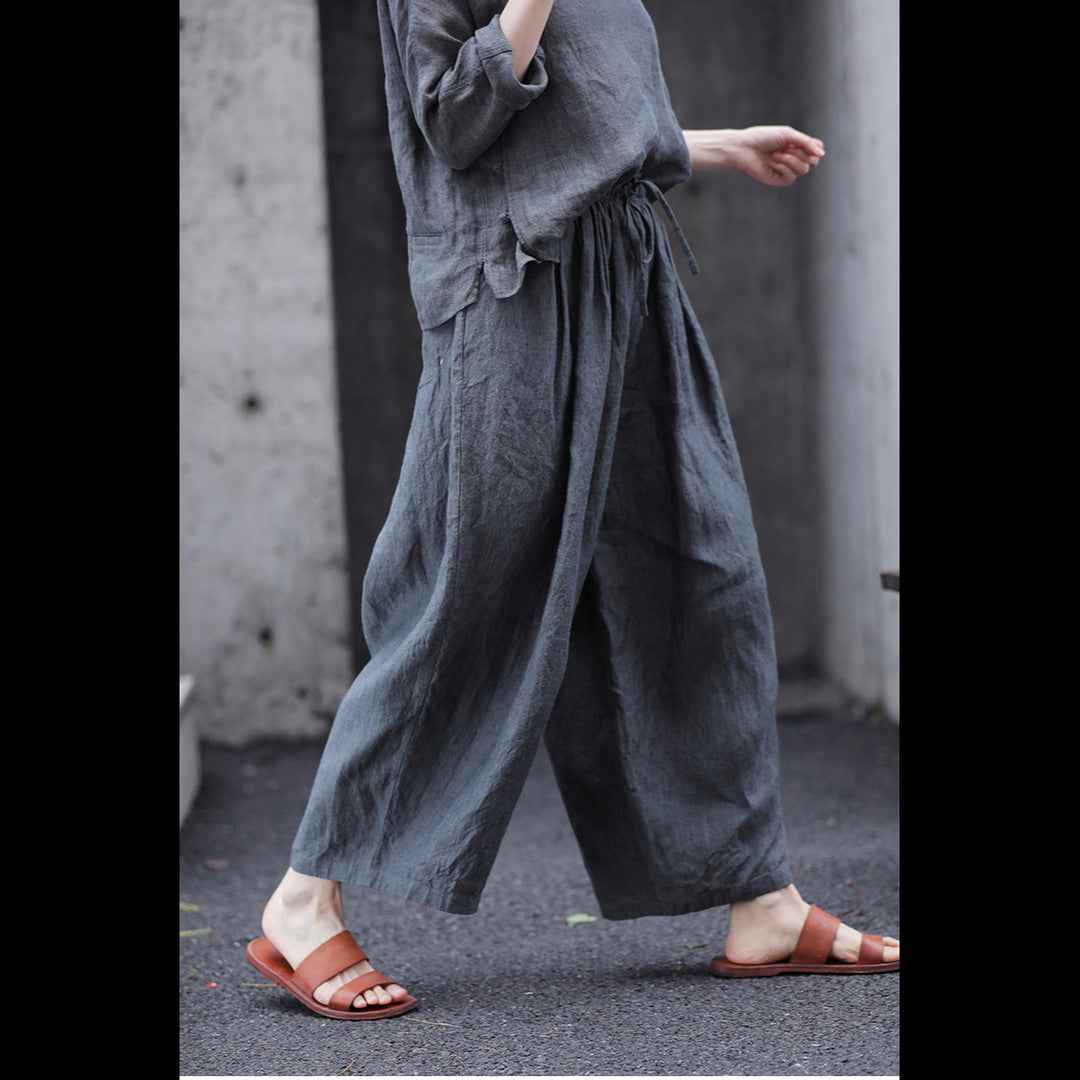 D10003 Summer Gray 95%+ Linen High-Density Woven Elastic Waist Drawstring Loose Carrot Wide-Leg Pants