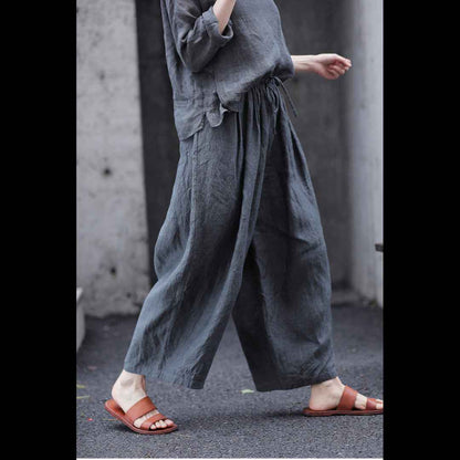 D10003 Summer Gray 95%+ Linen High-Density Woven Elastic Waist Drawstring Loose Carrot Wide-Leg Pants
