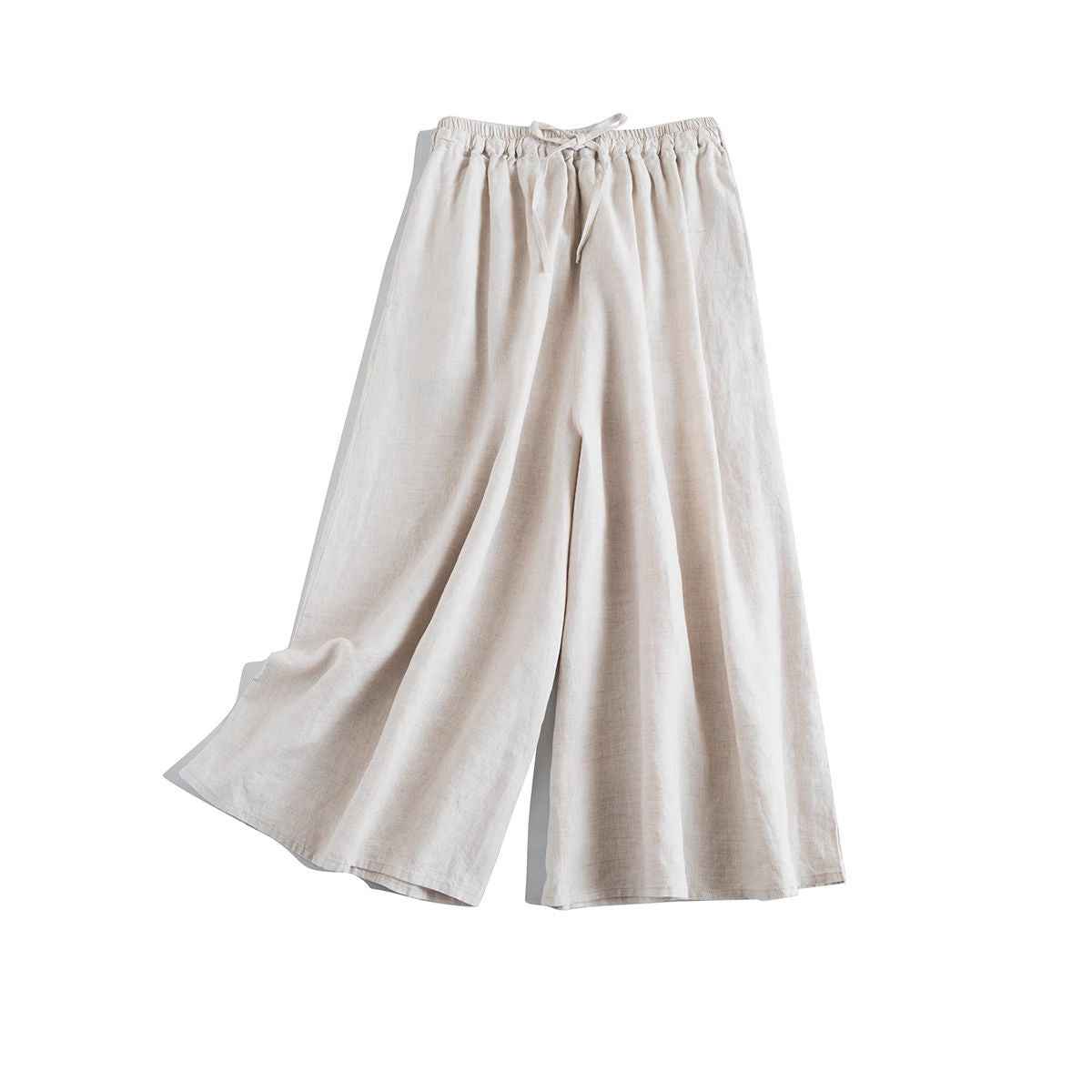 D10002 Japanese Style Commuting Simple Custom Pure Linen Artistic Loose Elastic Waist Drawstring Casual Comfortable Wide-Leg Nine-Point Skirt Pants