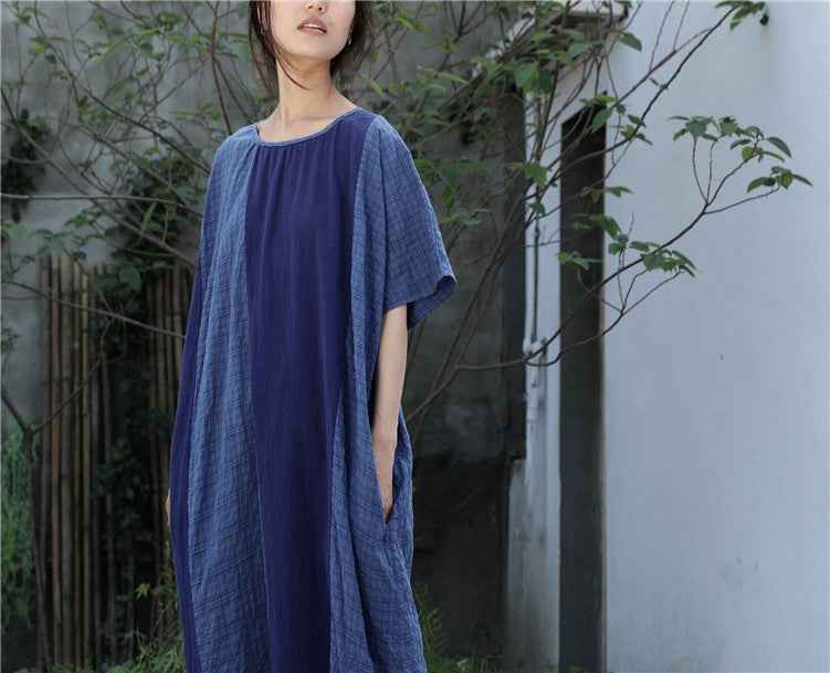 A0001 Early Summer New Cotton Linen Color Block Dress Irregular Plaid Patchwork Long Dress