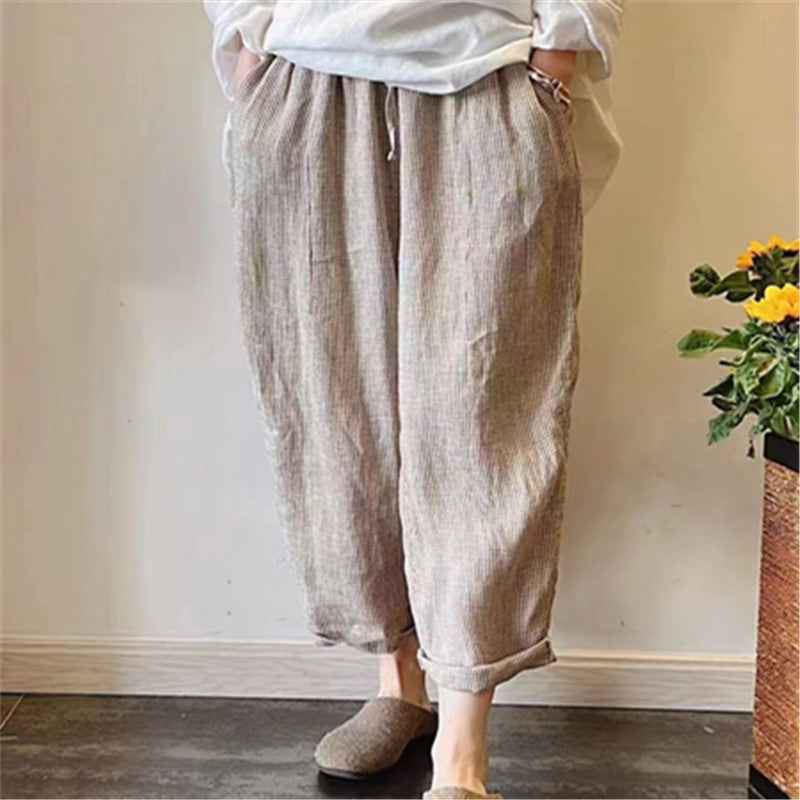 D10001 Japanese Retro Artistic Linen Plaid Harem Pants for Women Summer Loose Versatile Slimming Waist Tie Nine-point Pants
