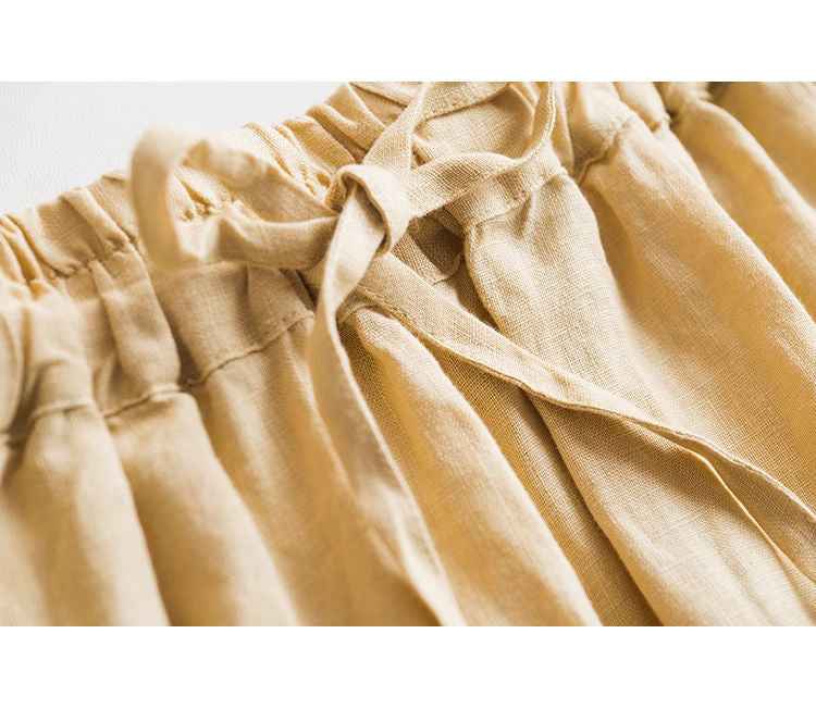D10002 Japanese Style Commuting Simple Custom Pure Linen Artistic Loose Elastic Waist Drawstring Casual Comfortable Wide-Leg Nine-Point Skirt Pants